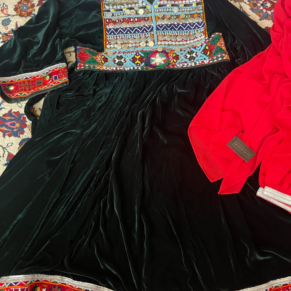 Afghan dress Green and Red Embroidered Midi Dress